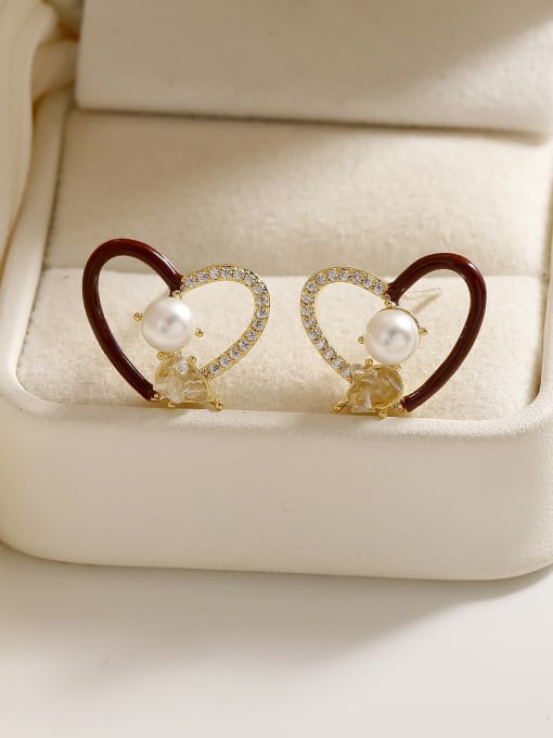14k Gold [Wine Red] Brass Cubic Zirconia Heart Dainty Stud Earring